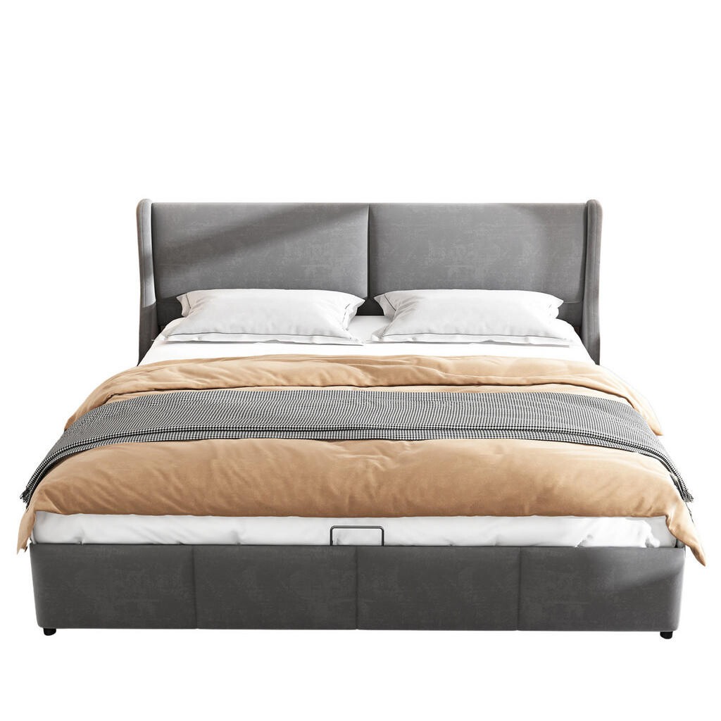 OKWISH ČALOUNĚNÁ postel 160/200 cm šedá ze sametu s úložným prostorem a hydraulickým zdvihem
