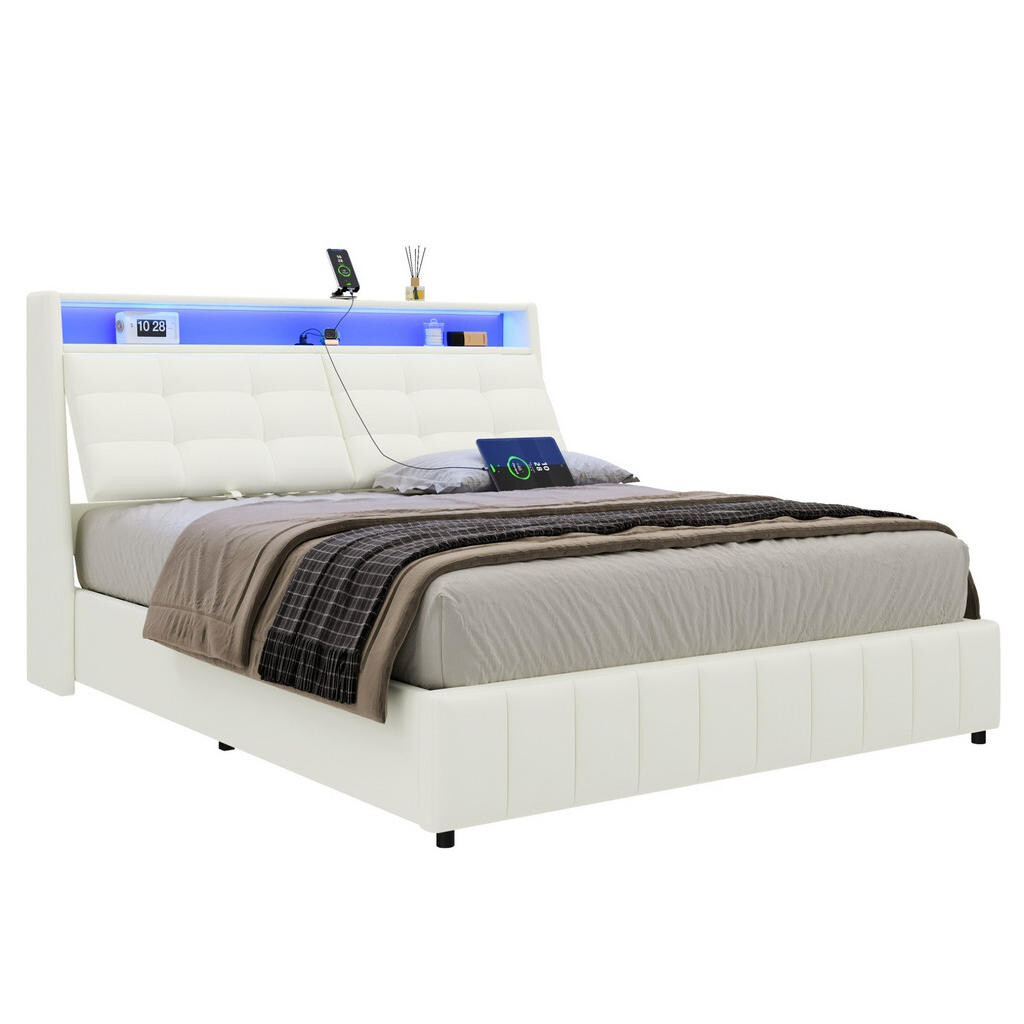 Redom ČALOUNĚNÁ postel 160/200 cm s LED osvětlením, USB portem, úložným prostorem a nastavitelným čelem, Bílá