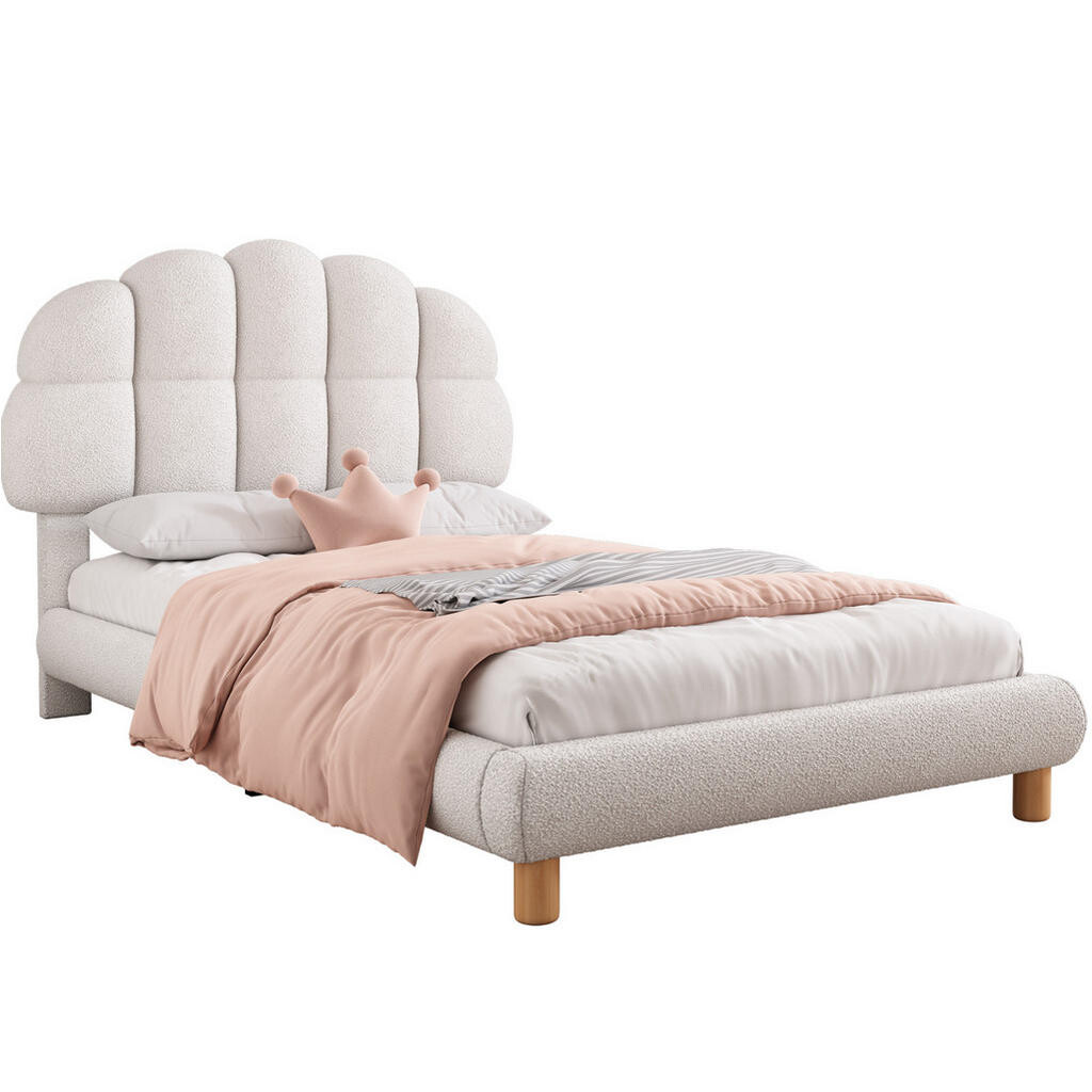 Redom ČALOUNĚNÁ postel 90/200 cm s lamelovým roštem a nastavitelným čelem, měkké bouclé a MDF, Bílá
