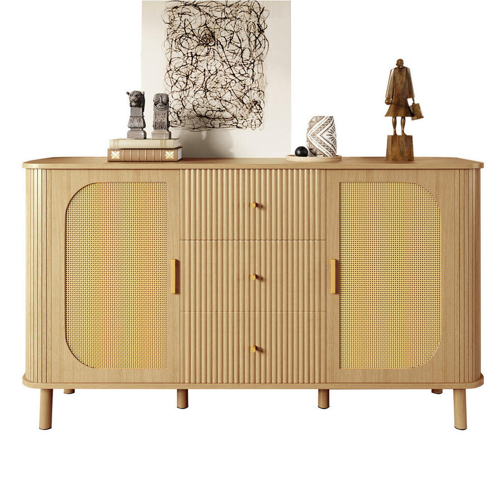 OKWISH BOČNÍ skříň 140/40/80 cm přírodní z MDF s ratanovými dvířky a vlnitou zásuvkou