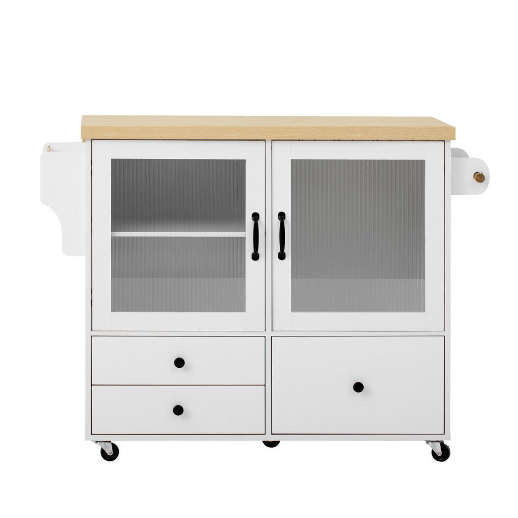 OKWISH KUCHYŇSKÝ ostrůvek 100/42-70/91,5 cm bílá a přírodní z MDF s výsuvnou pracovní deskou a kolečky