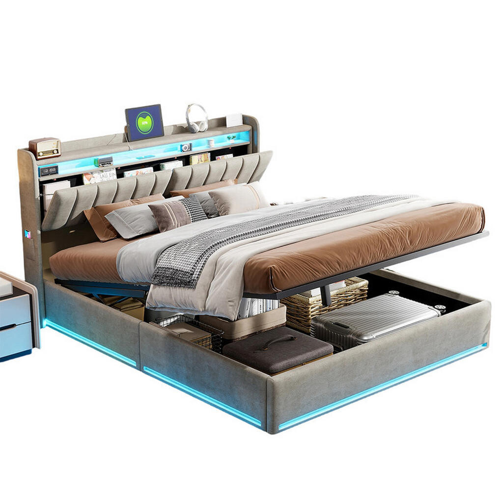 SHOPENTRA ČALOUNĚNÁ postel 140x190 cm šedý samet s USB úložným prostorem
