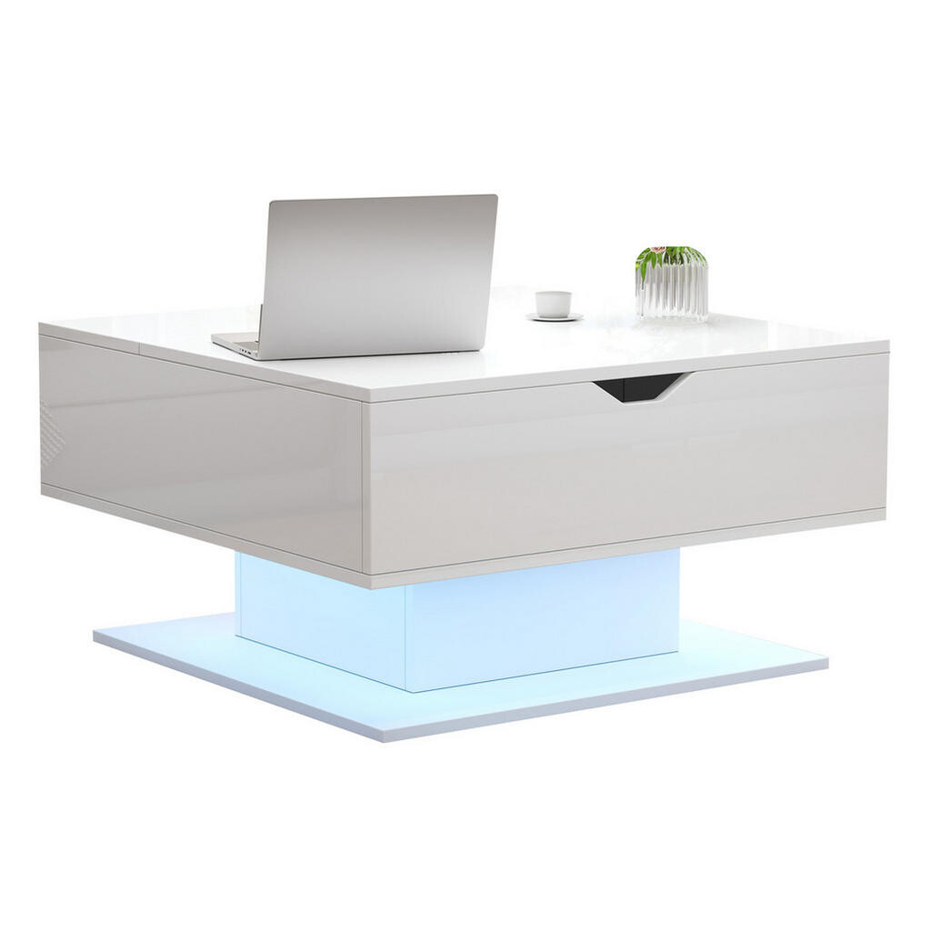 Redom KONFERENČNÍ stolek 80/75/40 cm s výškově nastavitelnou deskou, LED osvětlením a skrytým úložným prostorem, Bílá