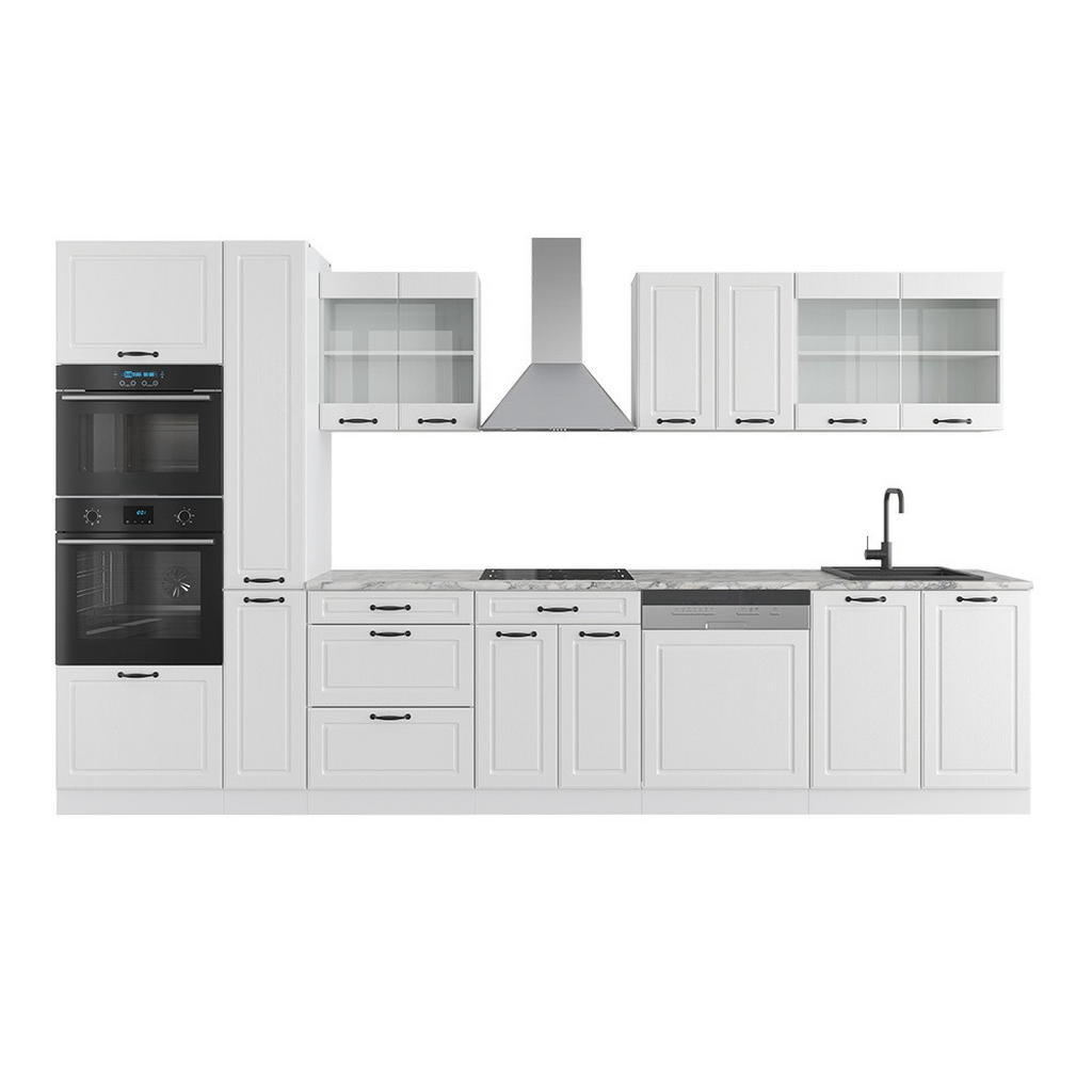 Vicco KUCHYŇSKÁ LINKA R-Line Bílý venkovský dům/bílá 350 cm s vysokou skříní, PD Mramor