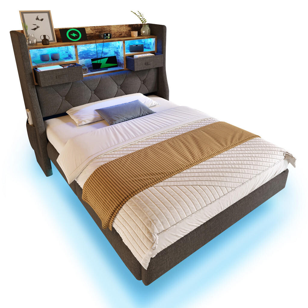 WISHDOR ČALOUNĚNÁ POSTEL 90/200 cm v šedé lněné látce s LED osvětlením, USB, Type-C a policí