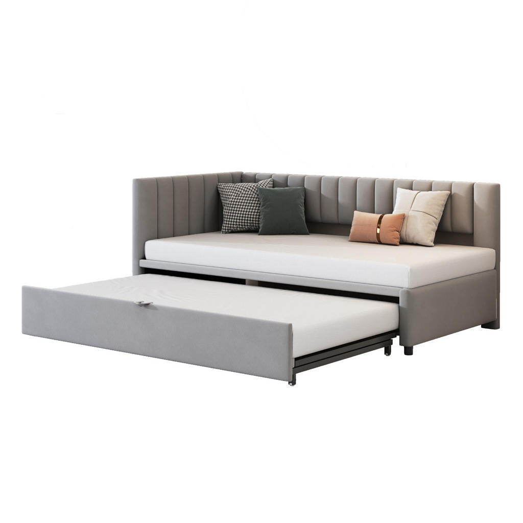 OKWISH ROZKLÁDACÍ pohovka 90/200 cm šedá z sametu s výsuvným lůžkem a opěrkou