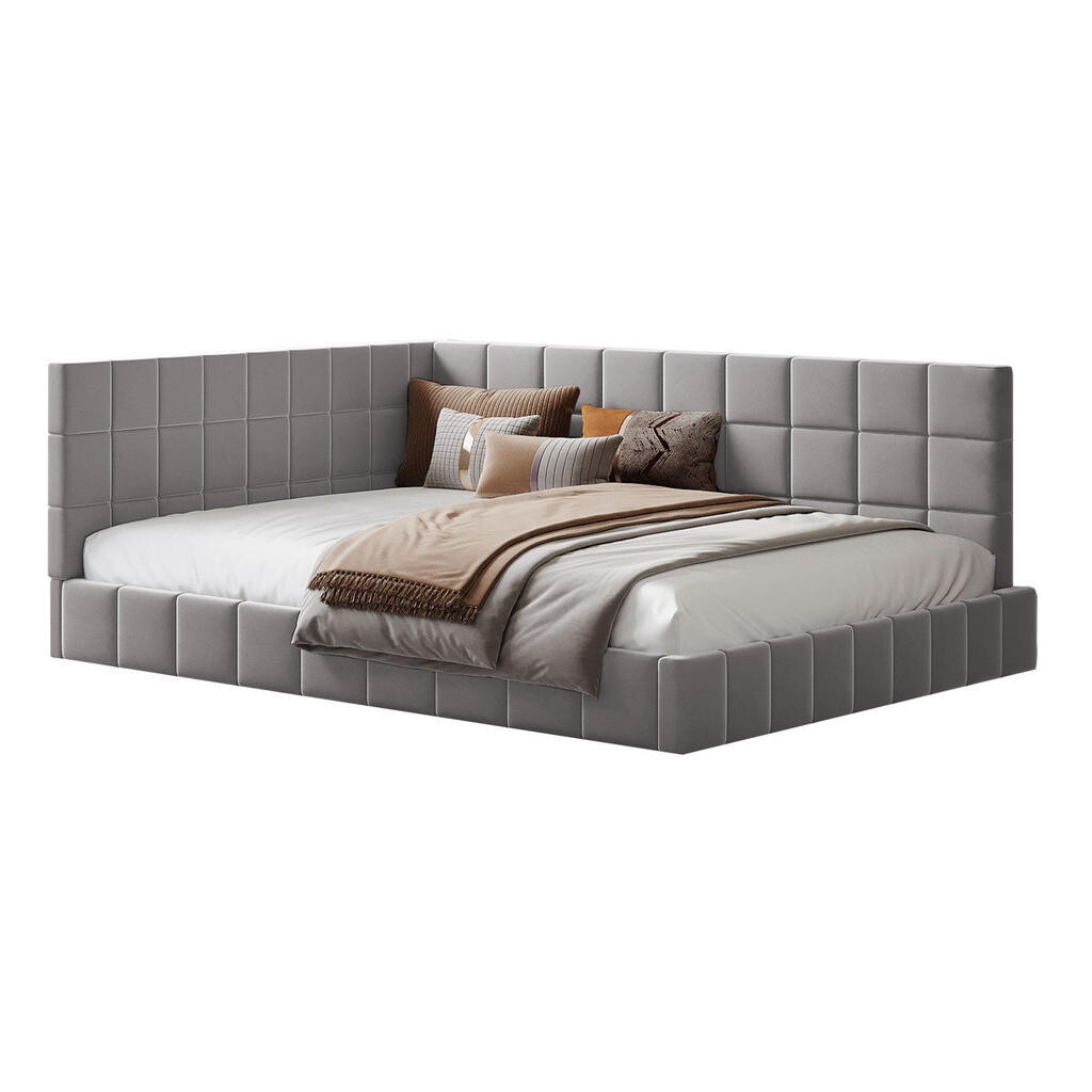 OKWISH DENNÍ postel 140/200 cm šedá z čalouněné tkaniny s roštem a variabilní opěrkou
