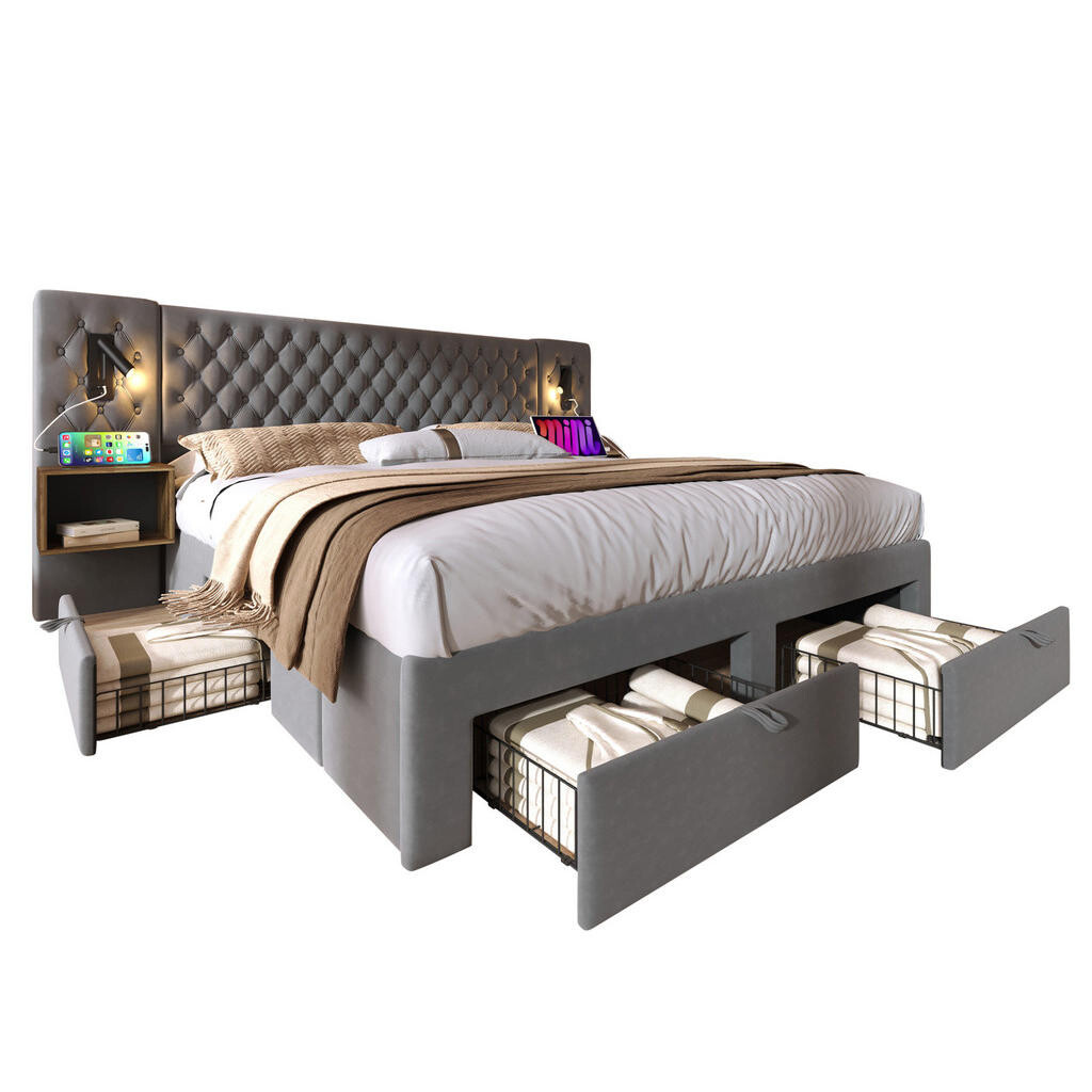 Redom ČALOUNĚNÁ postel 160/200 cm s 2 nočními stolky, 4 zásuvkami, čtecími lampami a USB/Type C nabíjením, Šedá