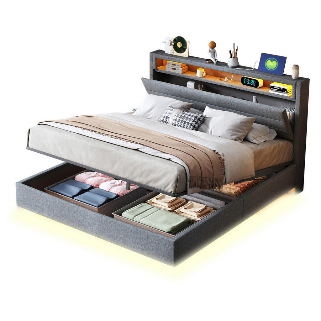 Redom ČALOUNĚNÁ postel 140/200 cm s USB portem, LED osvětlením, hydraulickým úložným prostorem a otočným čelem, Šedá