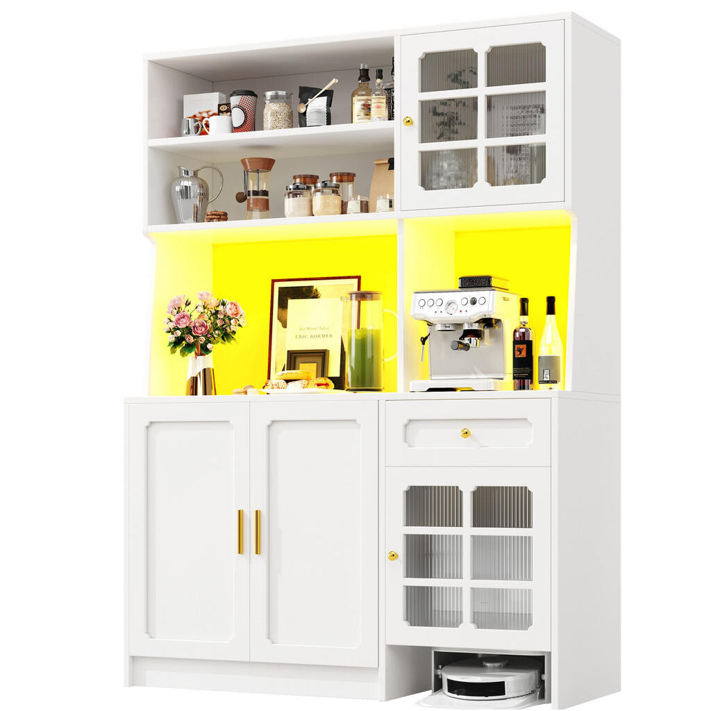 Redom KUCHYŇSKÝ bufet 130/45/180 cm s LED osvětlením, skleněnými dvířky a úložným prostorem, Bílá