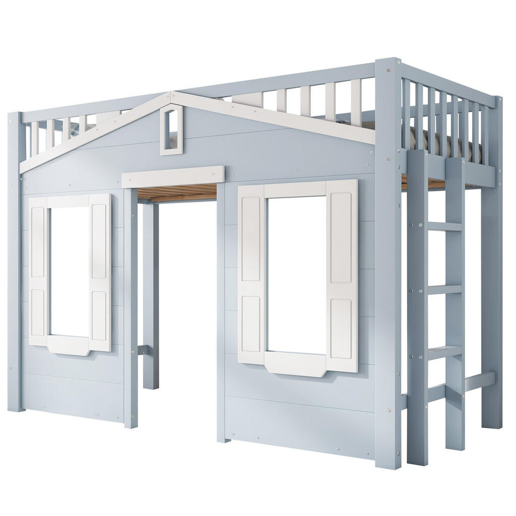 OKWISH PATROVÁ postel 90/200 cm modrobílá s flexibilně montovatelnými schody z borovice a MDF