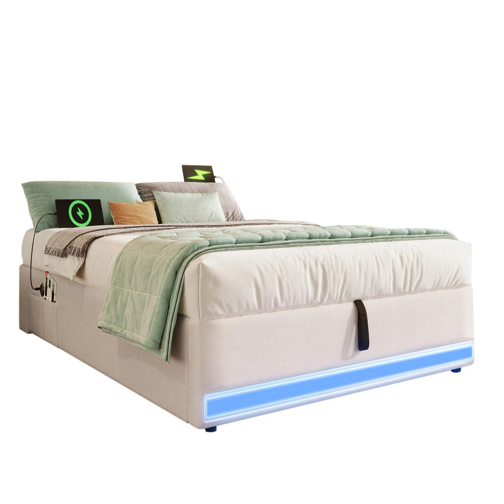 FLIEKS ČALOUNĚNÁ POSTEL 90x200 Béžová LED USB-C Hydraulika