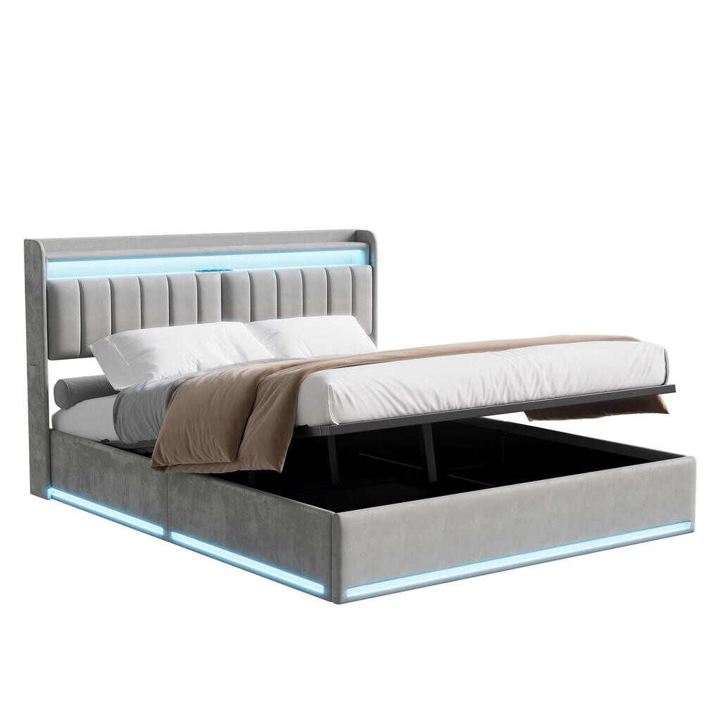 SHOPENTRA ČALOUNĚNÁ postel 140x200 šedý samet LED USB