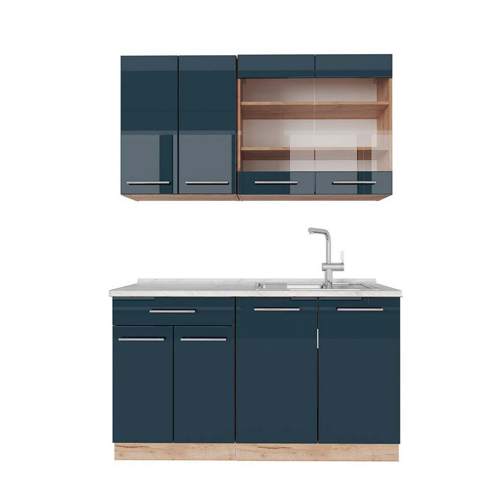 Vicco JEDNOTKOVÁ KUCHYNĚ Fame-Line Tmavě modrý vysoký lesk/zlatý dub 140 cm , PD Mramor