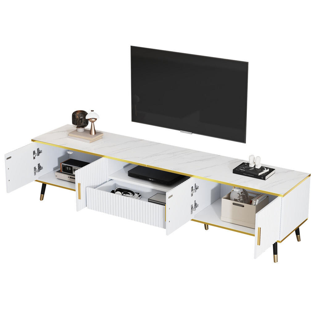 Redom TV stolek 200/40/46 cm s mramorovou deskou, kabelovým vedením a úložným prostorem, Bílá