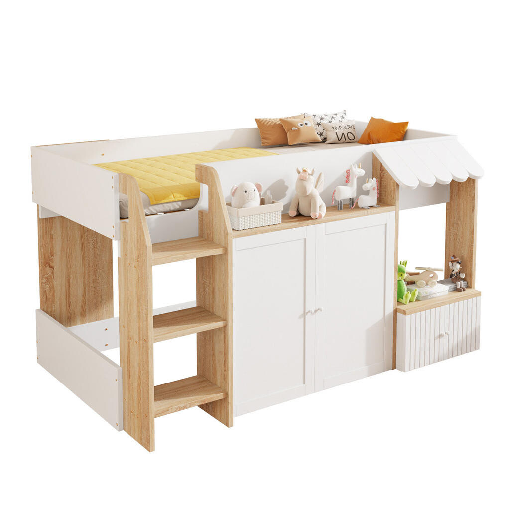 Redom VYSOKÁ postel 90/200 cm s domkovým designem, širokým žebříkem a úložným prostorem, Bílá+Dřevo