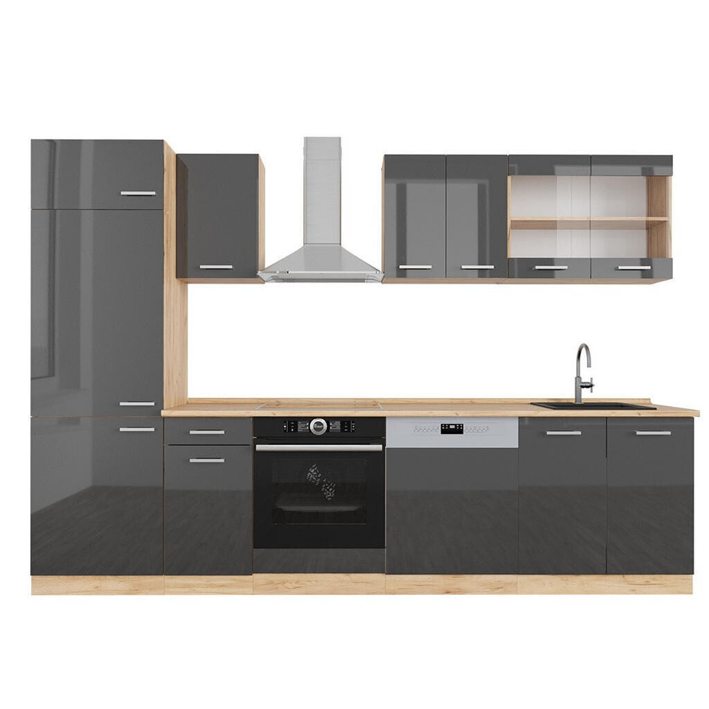Vicco KUCHYŇSKÝ KOUT R-Line Antracitový vysoký lesk/zlatý dub power 300 cm , PD Dub