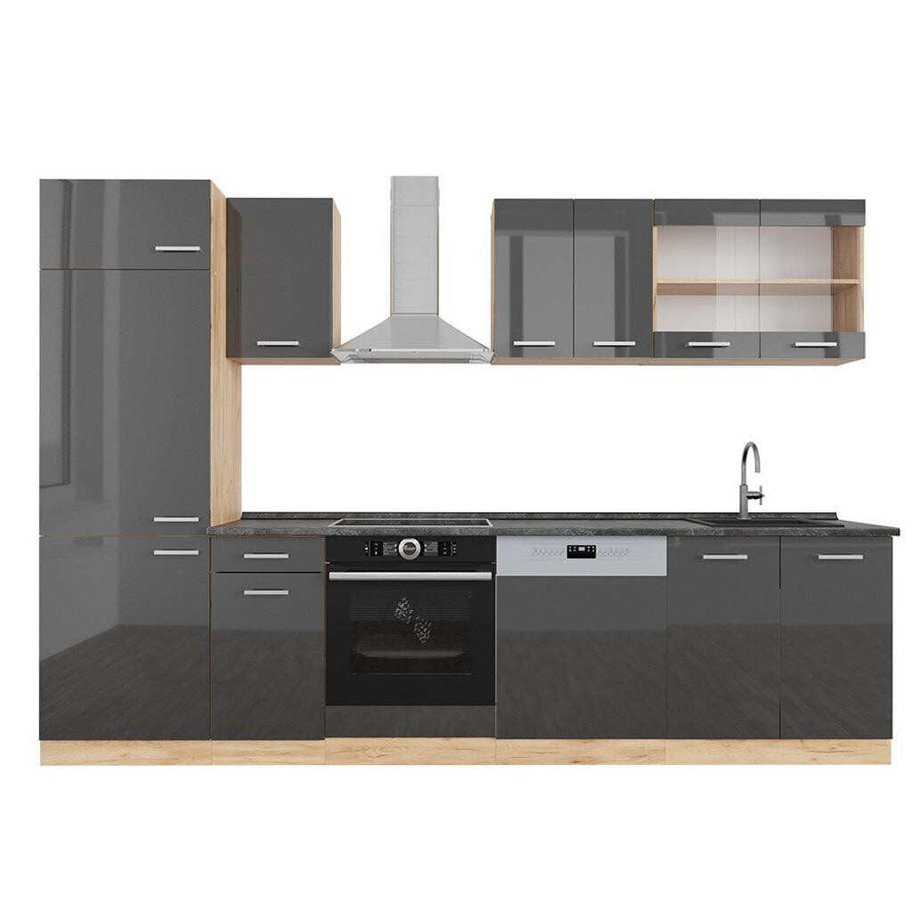 Vicco KUCHYŇSKÝ KOUT R-Line Antracitový vysoký lesk/zlatý dub power 300 cm , PD Antracit