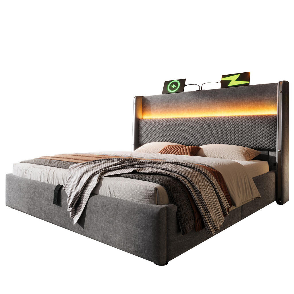 OKWISH ČALOUNĚNÁ postel 140/200 cm šedá z lněné tkaniny s LED, úložným prostorem a USB/Type-C
