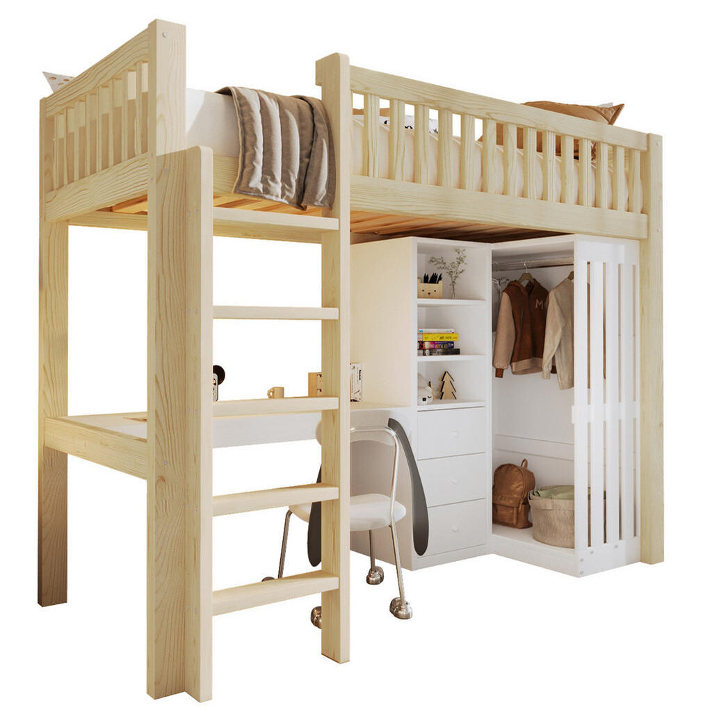 OKWISH VYVÝŠENÁ postel 90/200 cm přírodní s psacím stolem a úložným prostorem z borovice a MDF