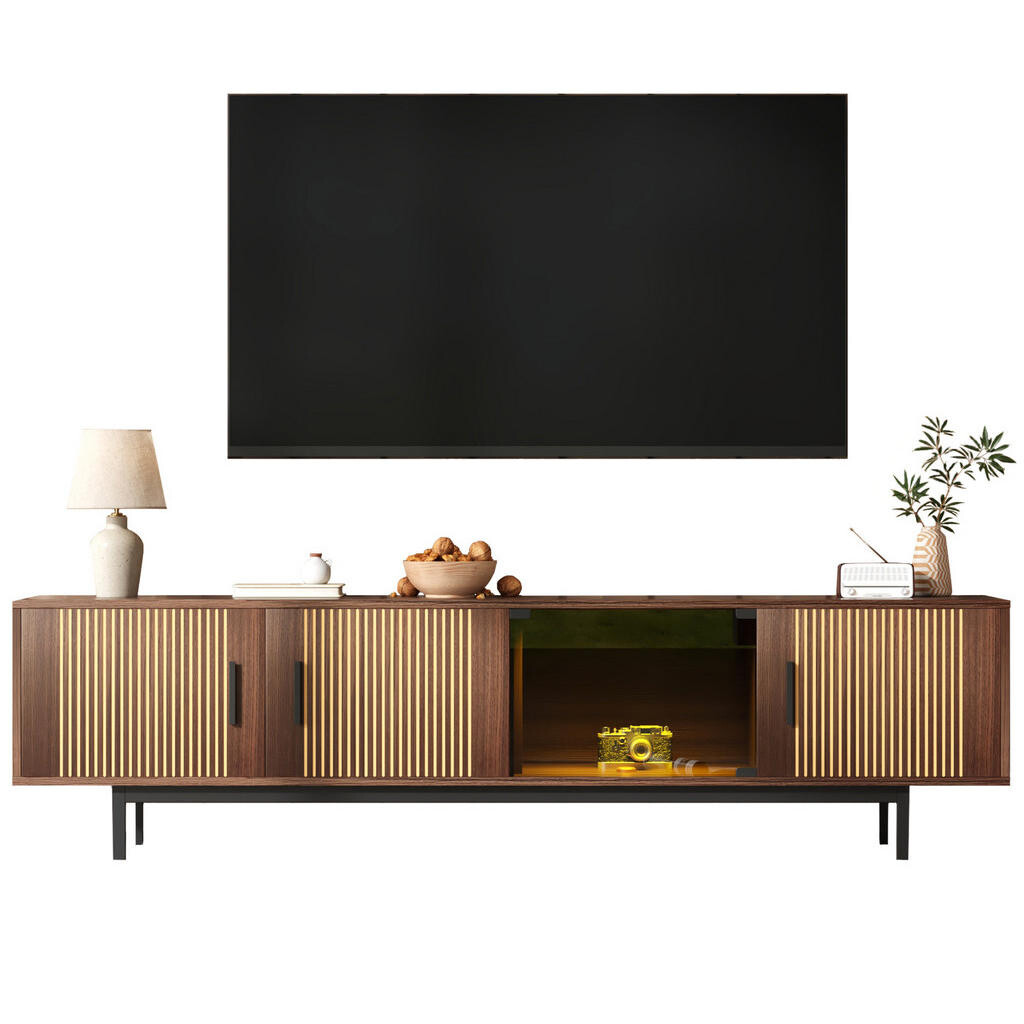 Redom TV stolek 200/35/53 cm s LED osvětlením, Bluetooth a aplikací, geometrickými dvířky a tvrzeným sklem, Černá/Barva ořechového dřeva