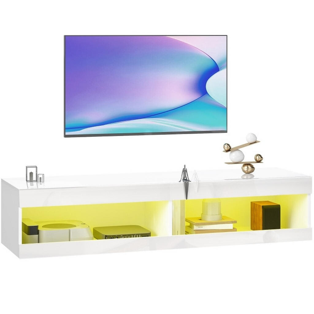 OKWISH TV skříňka 140/40/30 cm leskle bílá z dřeva s RGB LED osvětlením a nástěnnou montáží