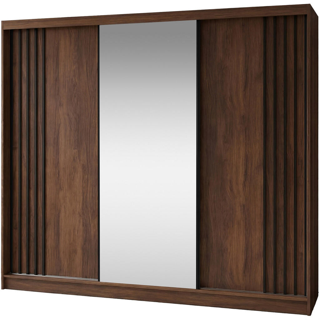 Beautysofa SKŘÍŇ S POSUVNÝMI DVEŘMI Nela II se zásuvkami a zrcadlem, 240 / 216 / 61 cm, ořech + černá