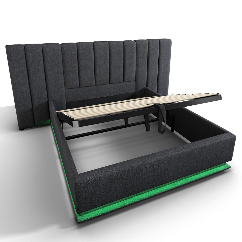 WISHDOR ČALOUNĚNÁ POSTEL 180/200 cm šedá len s úložným prostorem, LED osvětlením a USB portem