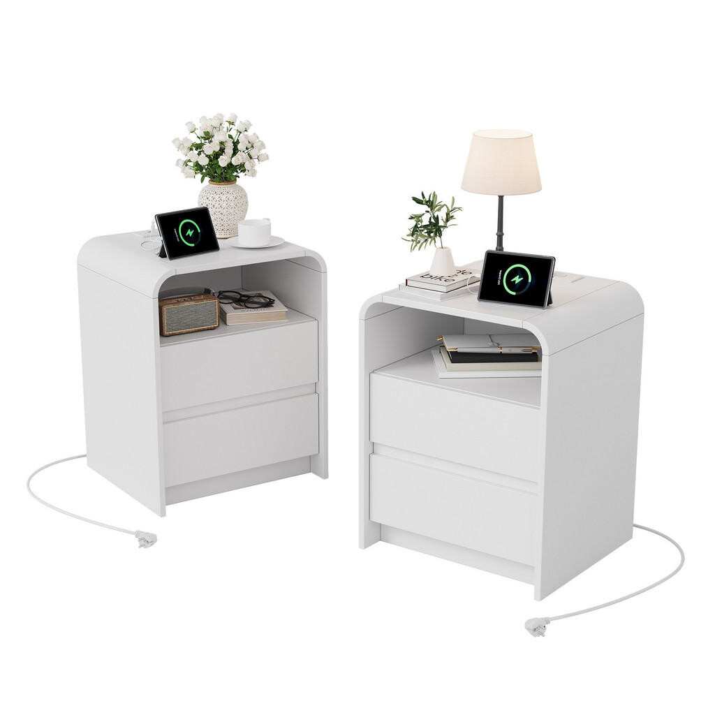SHOPENTRA NOČNÍ stolky, sada 2 kusů, bílé s RGB LED diodami, zásuvkami EU a nabíjecí stanicí