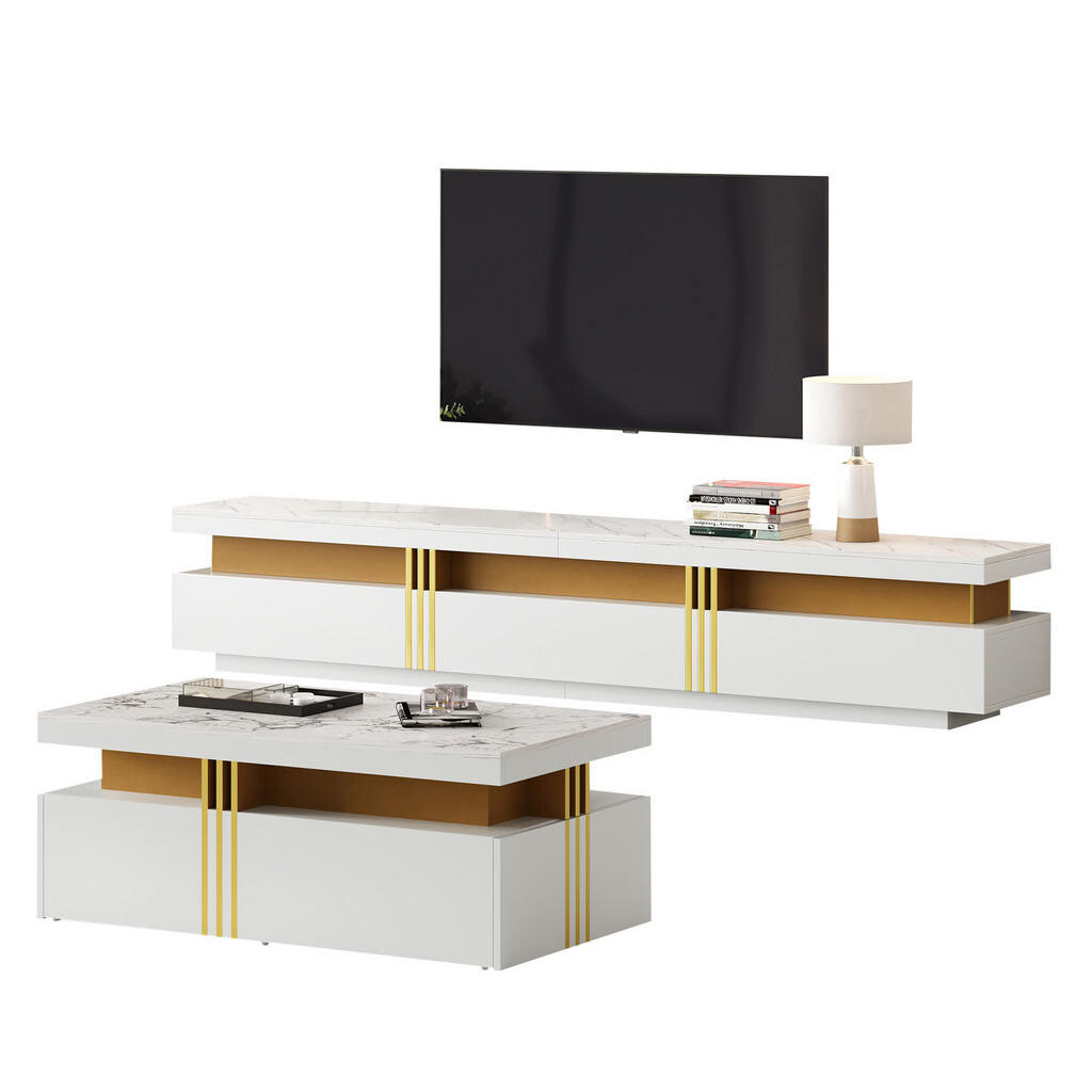 OKWISH TV stolek 200/40/42 cm bílý z dřevotřísky s mramorovým dekorem a úložným prostorem