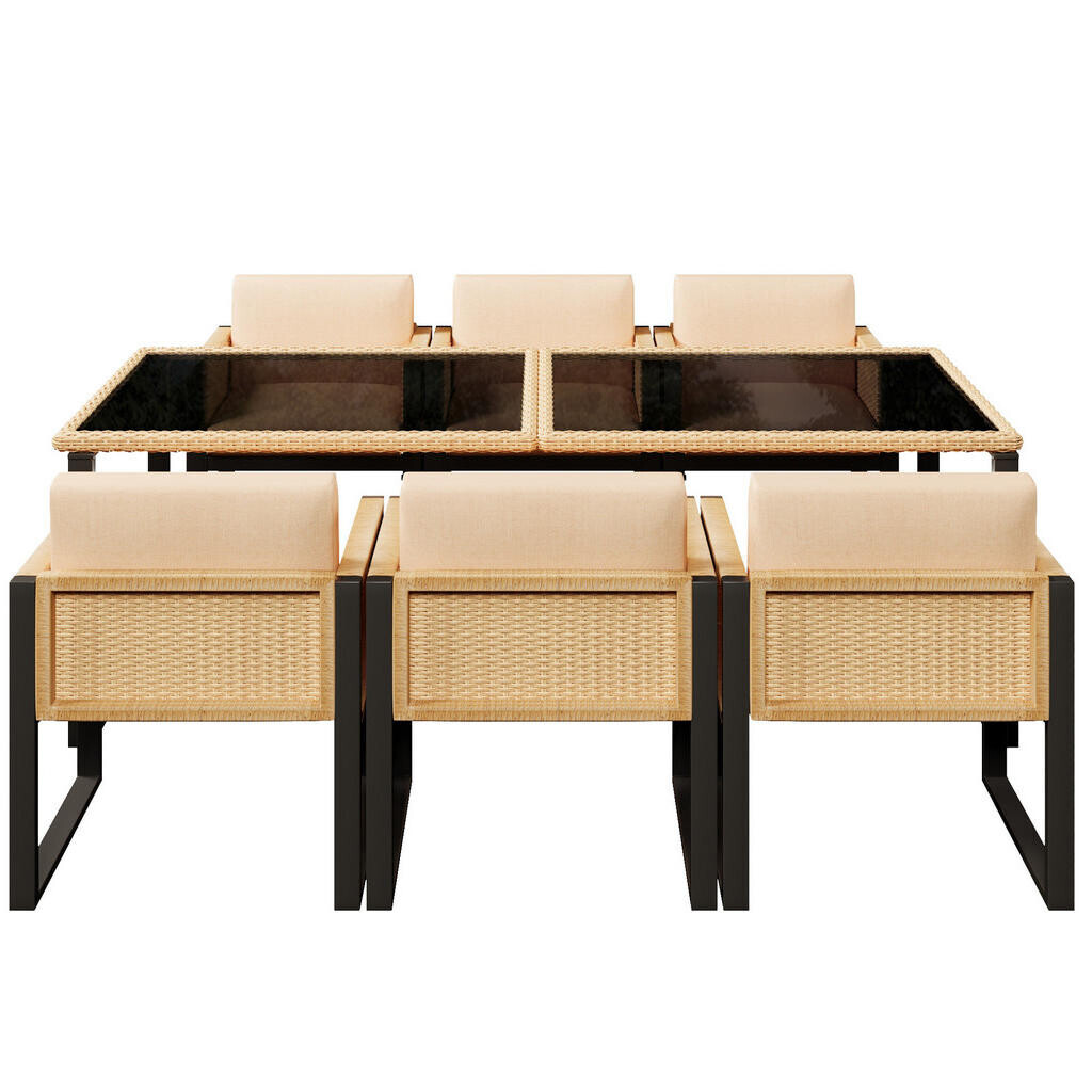OKWISH ZAHRADNÍ jídelní set 170/80/75 cm černá a hnědá z ratanu a látky pro 6 osob s polstry