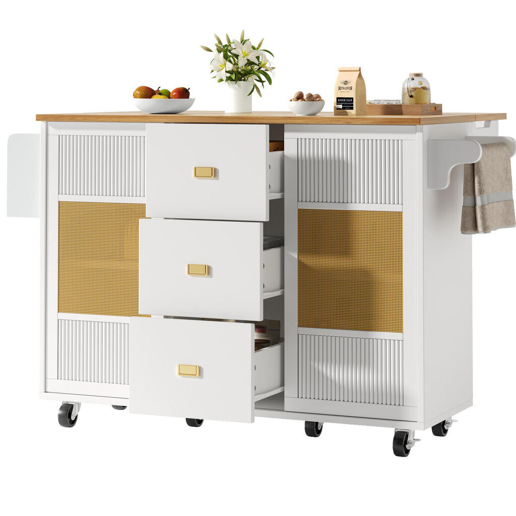 Redom KUCHYŇSKÝ ostrůvek 146,85/70/90 cm s výklopnou deskou, úložným prostorem a kolečky, Bílá