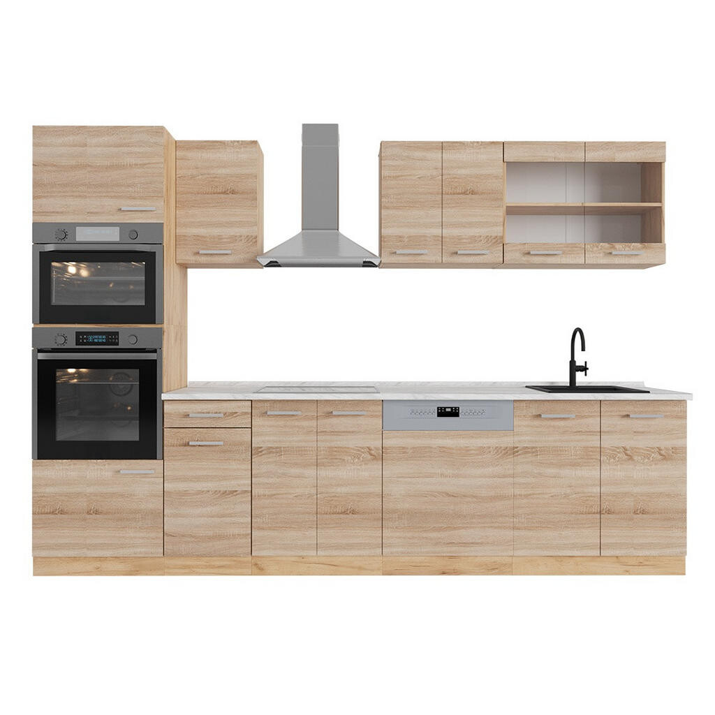 Vicco KUCHYŇSKÝ KOUT R-Line Dub Sonoma/Goldkraft 300 cm s vysokou skříní, PD Mramor