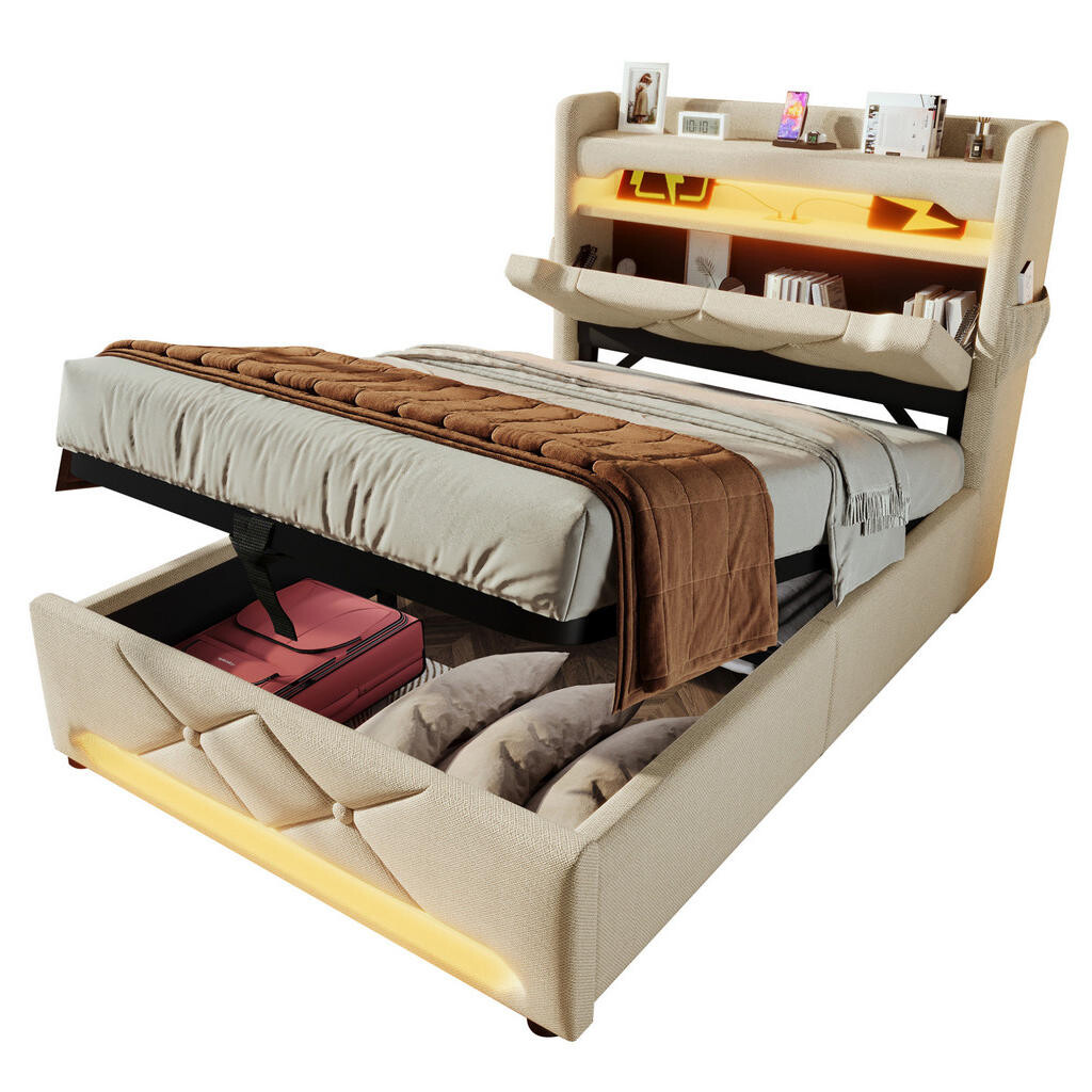 OKWISH ČALOUNĚNÁ postel 90/200 cm béžová z lnu s LED osvětlením a úložným prostorem