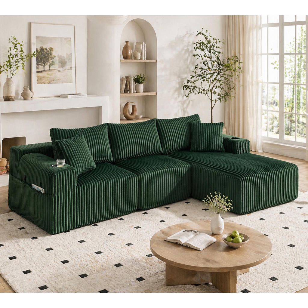 OKWISH MODULÁRNÍ pohovka 257/90-160/62 cm zelená z manšestru s kapsami, držáky na nápoje a 5 polštáři