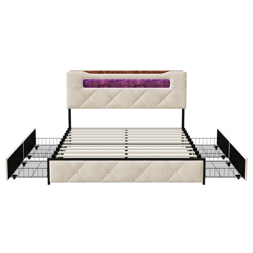 SHOPENTRA ČALOUNĚNÁ postel 160×200cm béžová, sametová, USB, 4 zásuvky