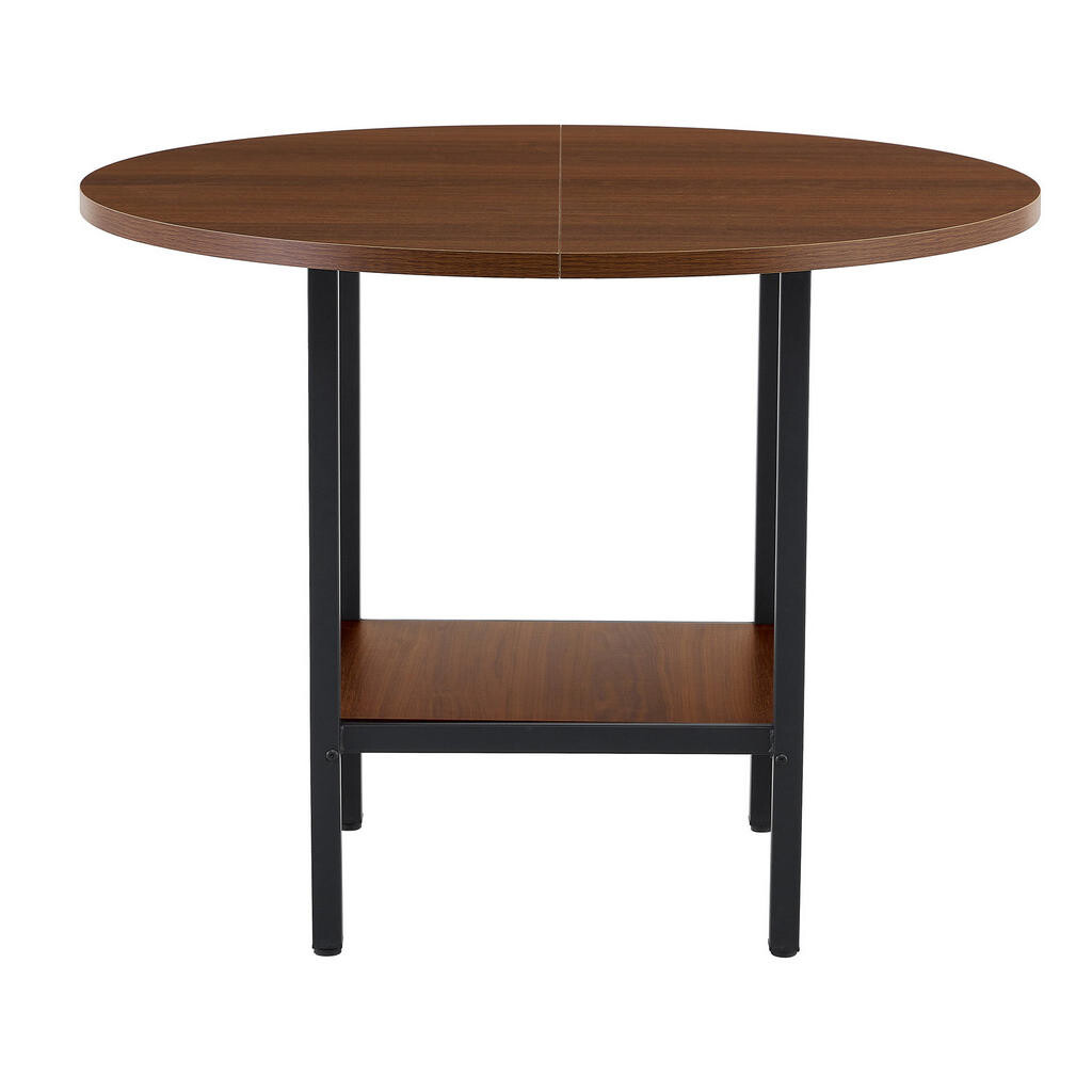OKWISH KULATÝ jídelní stůl 100/100/77 cm ořechová z MDF a kovu s úložnou policí