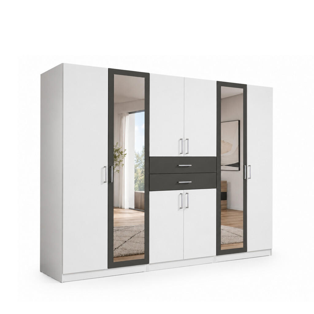 luma-home SKŘÍŇ S OTOČNÝMI DVEŘMI Š270/V208/H58 cm, bílá s grafitovými akcenty, se 2 zrcadlovými dveřmi a zásuvkami / 22594