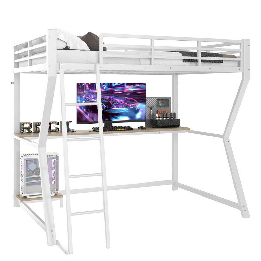 OKWISH VYSOKÁ postel 90/200 cm bílá s psacím stolem, LED osvětlením a zásuvkou z kovu a MDF