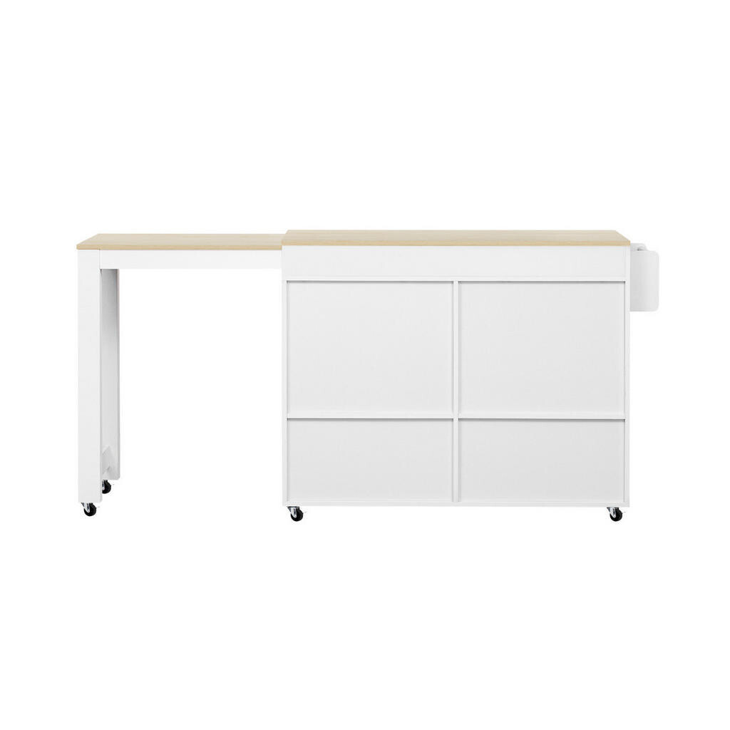 Redom KUCHYŇSKÝ ostrůvek 112-180,5/45/92,2 cm s výsuvnou pracovní deskou, zásuvkami a kolečky, bílá/přírodní