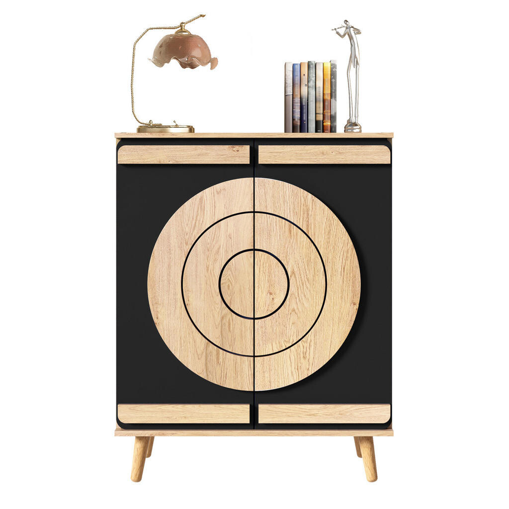 OKWISH BOTNÍK 76/37/98,5 cm černá/přírodní z MDF s geometrickými dvířky a víceúrovňovým úložným prostorem