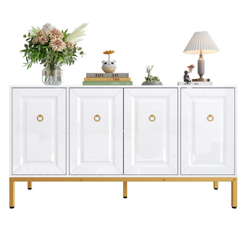 OKWISH BOČNÍ skříň 140/40/80 cm bílá z MDF a dřevotřísky s lesklým povrchem a zlatými nohami