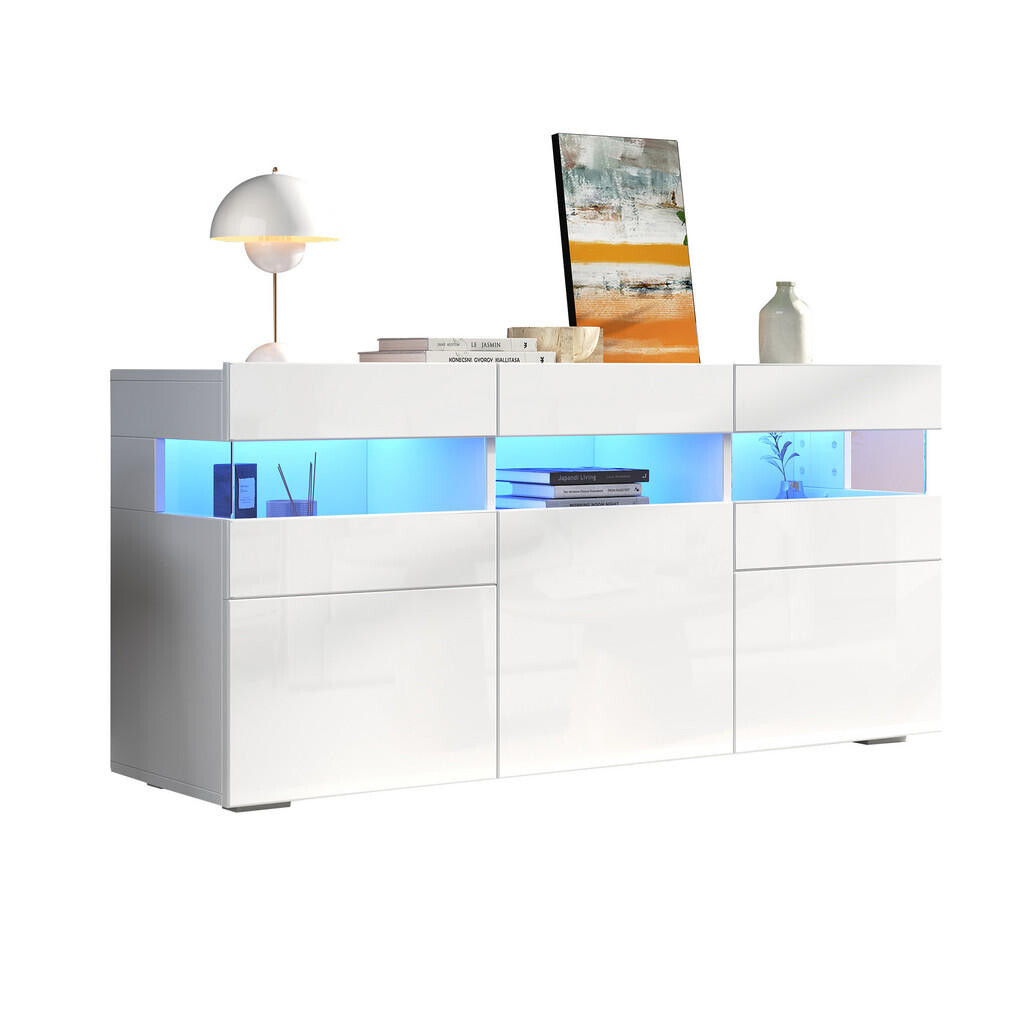 FLIEKS KOMODA 140cm Vysoký lesk LED 3 Dvířka Bílá