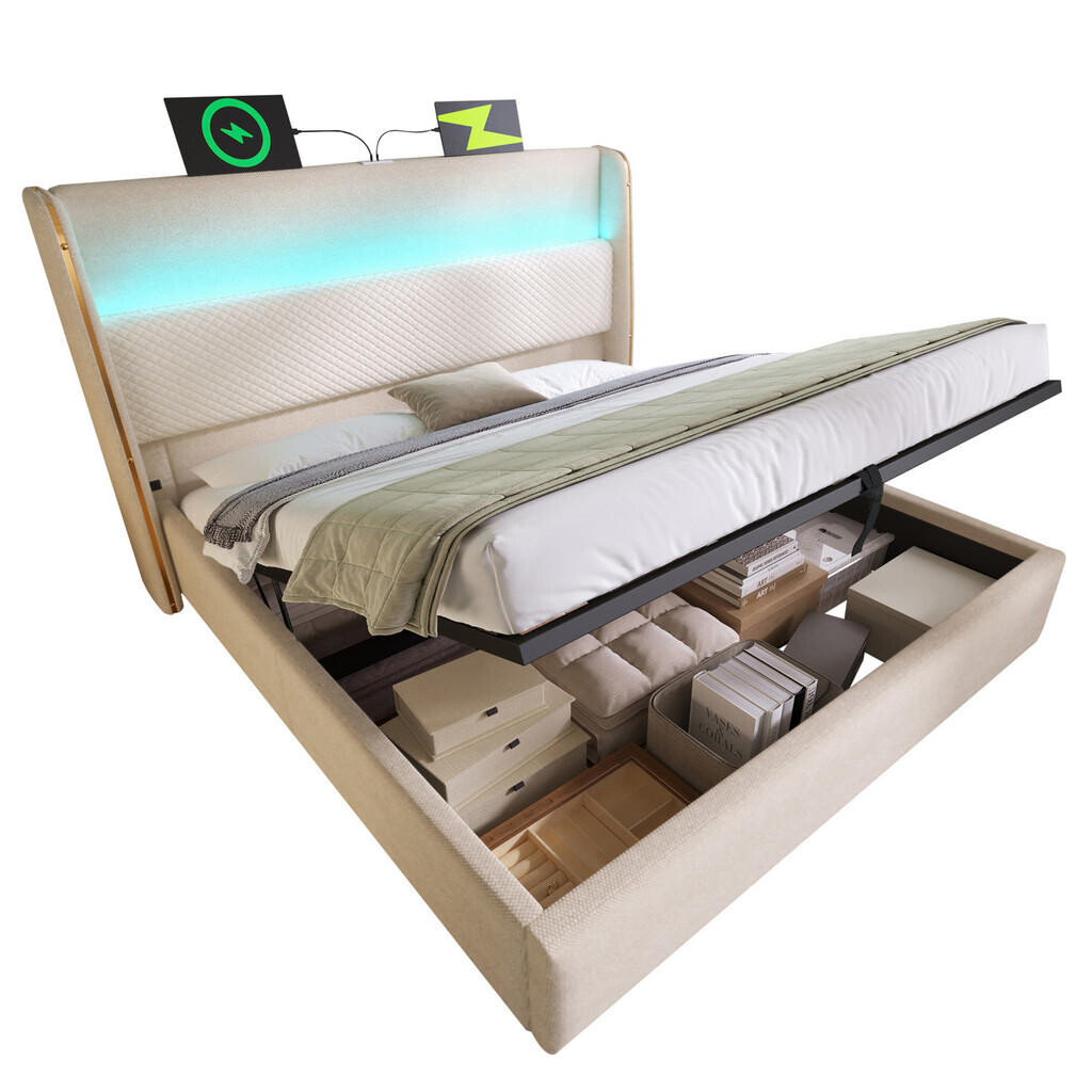Redom ČALOUNĚNÁ postel 140/200 cm s LED osvětlením, USB a USB-C, hydraulickým úložným prostorem, v lněném vzhledu, Béžová