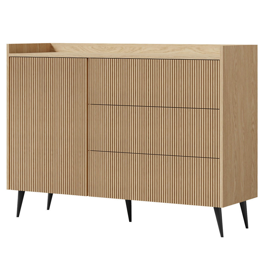 Beautysofa KOMODA Amfali s 1 dveřmi a 3 zásuvkami, systém Push-to-open, kovové nohy, 126 cm, jarní dub