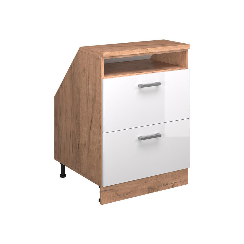 Vicco KUCHYŇSKÁ SKŘÍŇKA POD ŠIKMOU STŘECHU R-Line Bílá vysoký lesk 60 cm se 2 zásuvkami, korpus skříně hloubka 60 cm