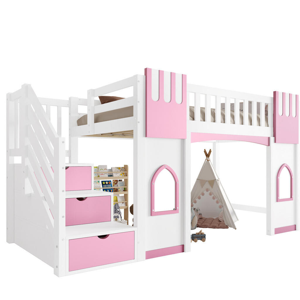 OKWISH PATROVÁ postel 90/200 cm bílá/růžová z MDF a borovice se schody