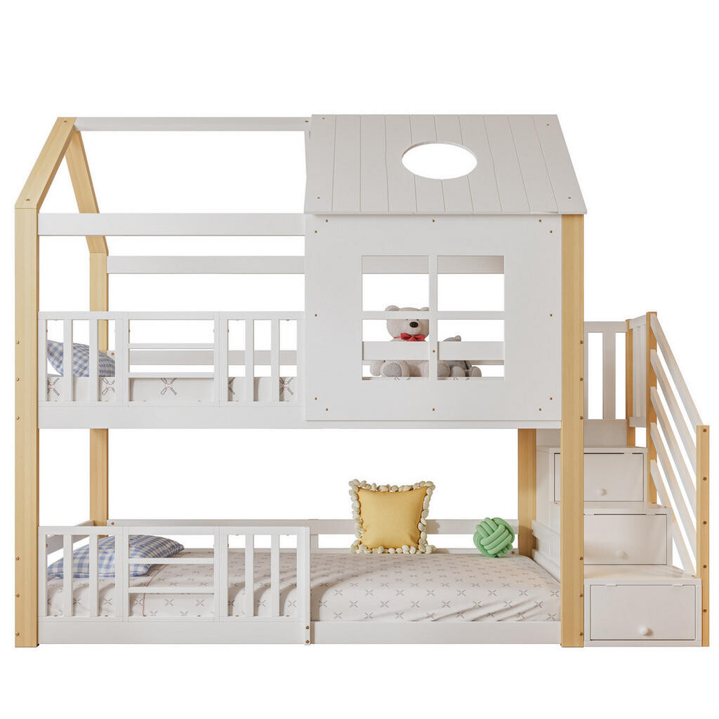 OKWISH PATROVÁ postel 95/200 cm bílá/přírodní z borovice a MDF se schodišťovou skříňkou