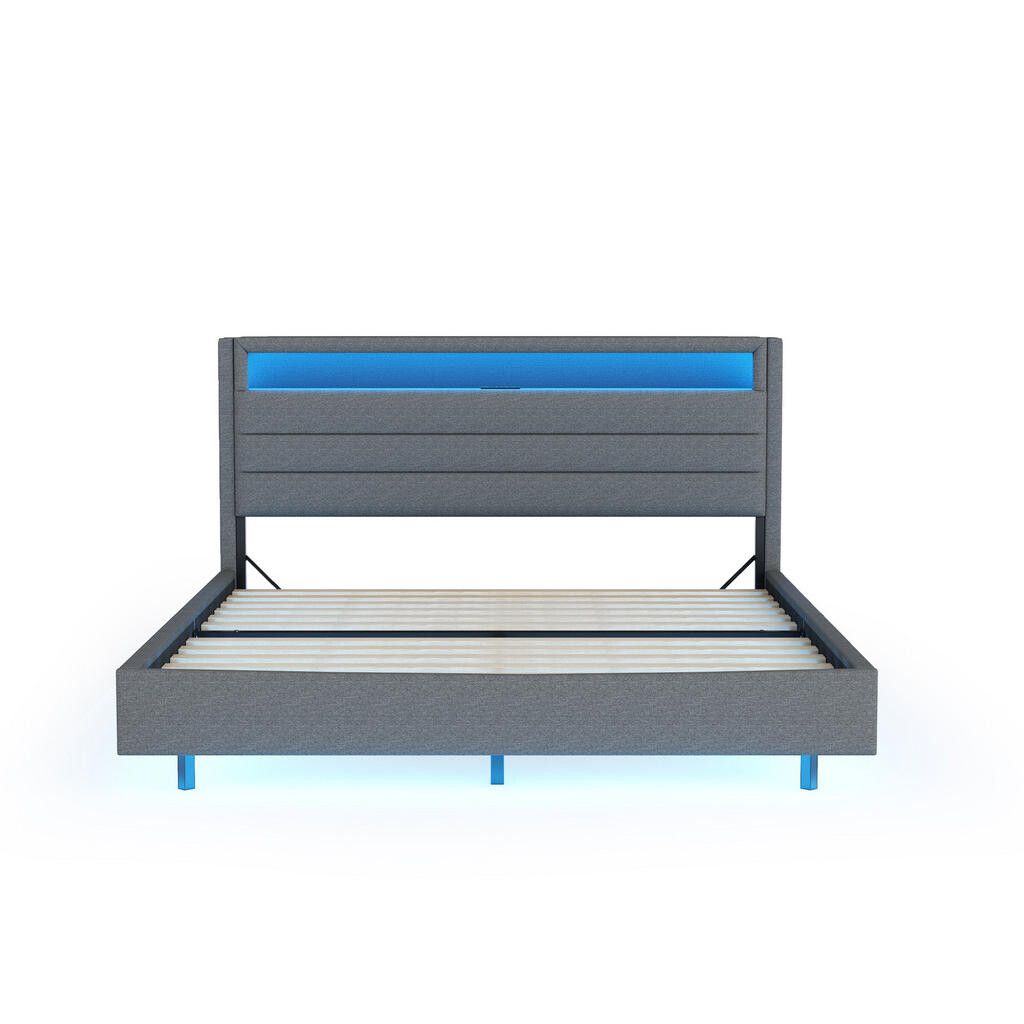 OKWISH ČALOUNĚNÁ postel 140/200 cm šedá z látky s USB zásuvkou a LED osvětlením