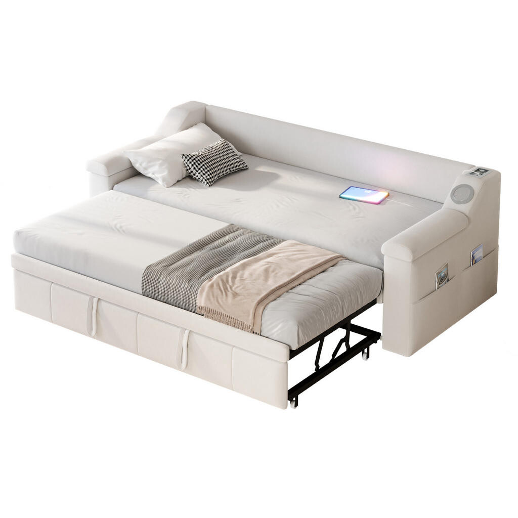 Redom ČALOUNĚNÁ postel 90/190 cm s výsuvem na 180/190 cm, Bluetooth stereo, USB a úložnými područkami, Béžová